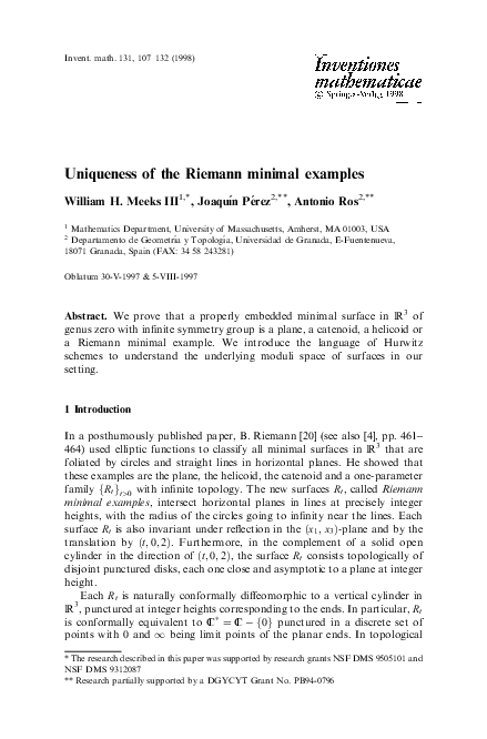 (PDF) Uniqueness of the Riemann minimal examples