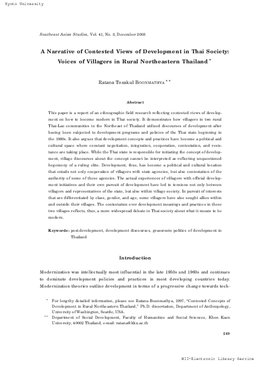(PDF) A Narrative of Contested Views of Development in Thai Society