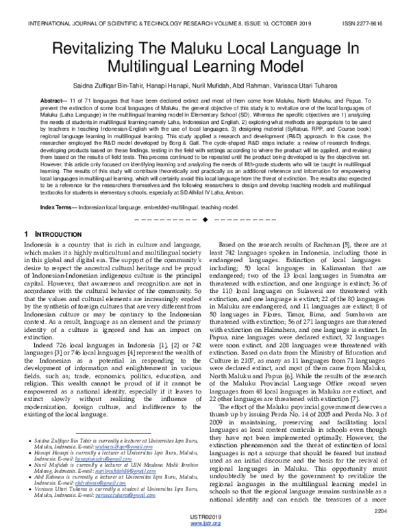 (PDF) Revitalizing The Maluku Local Language In Multilingual Learning Model