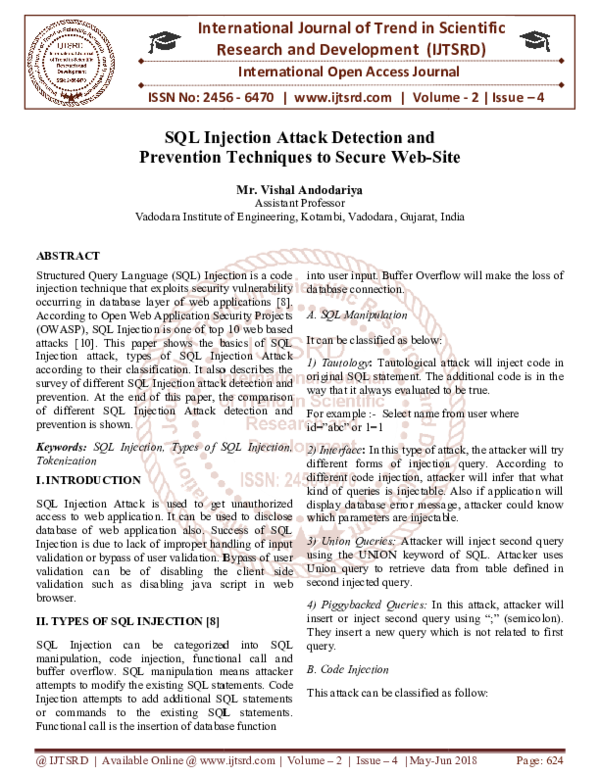 (PDF) SQL Injection Attack Detection and Prevention Techniques to ...