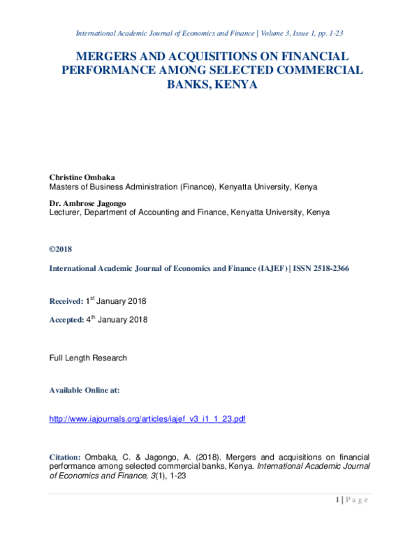(PDF) Mergers and Acquisitions on Financial Performance Among Selected ...
