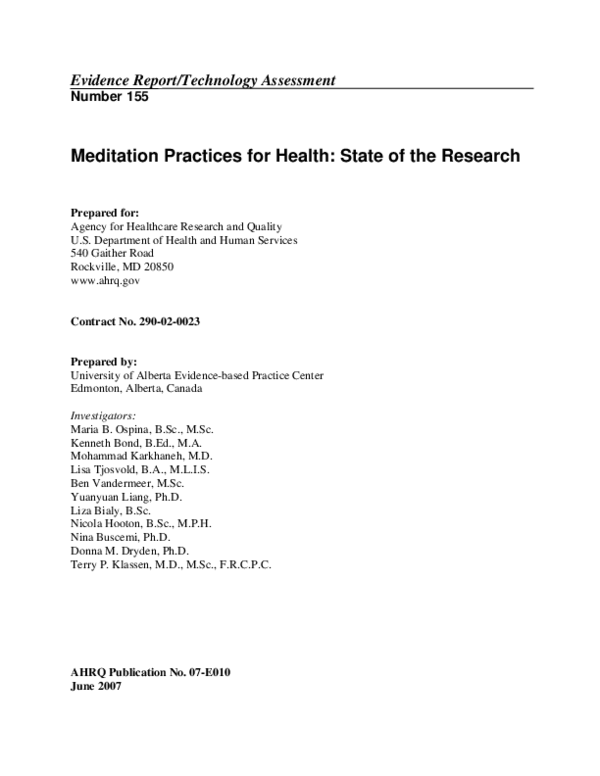 PDF) Meditation practices for health: state of the research