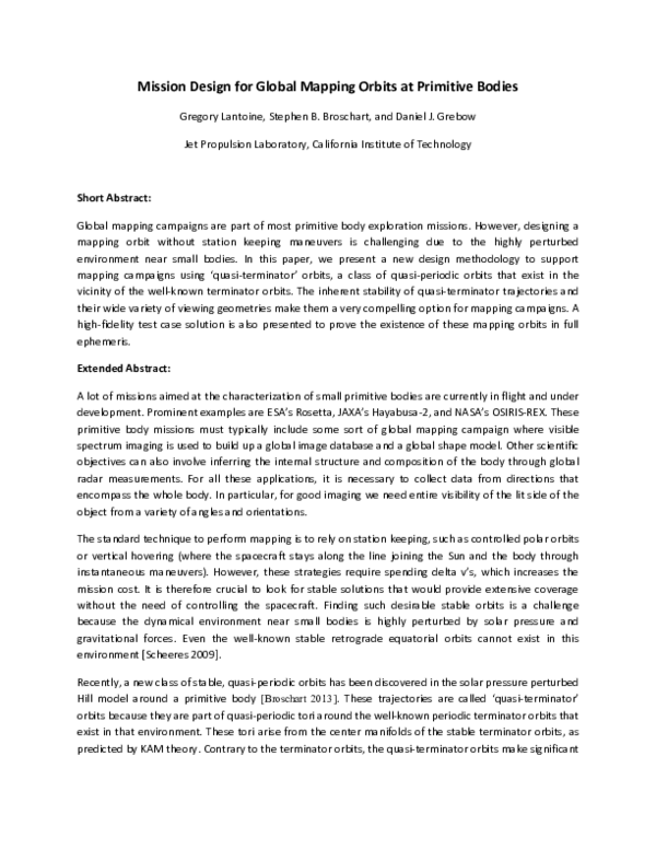(PDF) Mission Design for Global Mapping Orbits at Primitive Bodies