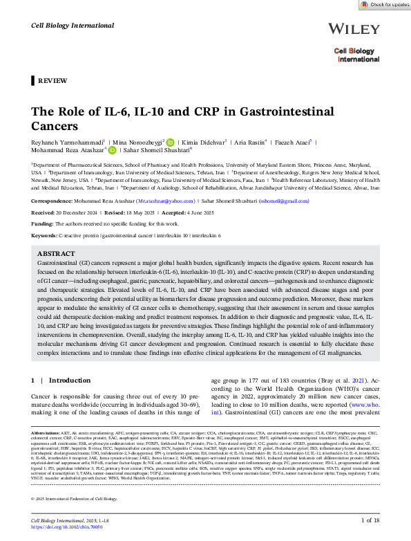 (PDF) The Role of IL-6, IL-10 and CRP in Gastrointestinal Cancers