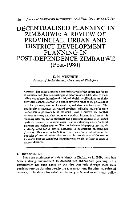 (PDF) Decentralised planning in Zimbabwe: A review of provincial, urban ...