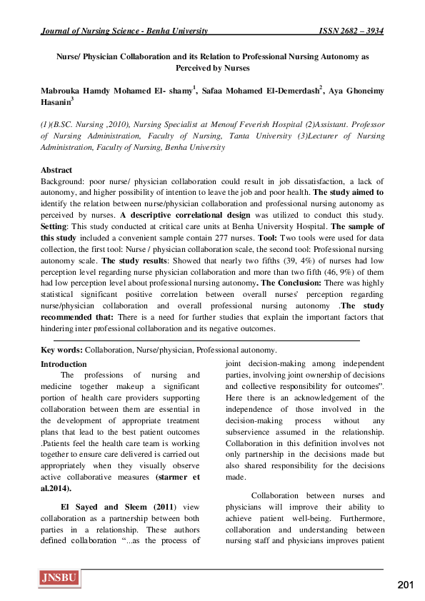 (PDF) Nurse/ Physician Collaboration and its Relation to Professional ...