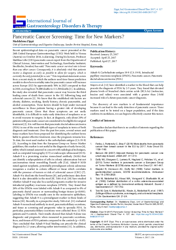(PDF) Pancreatic Cancer Screening: Time for New Markers?