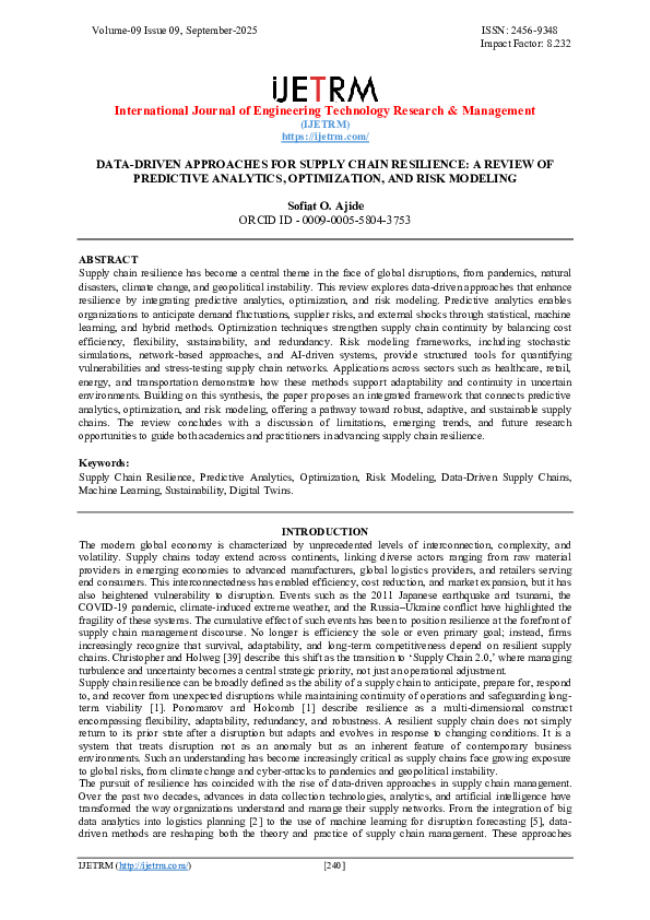 (PDF) DATA-DRIVEN APPROACHES FOR SUPPLY CHAIN RESILIENCE: A REVIEW OF ...