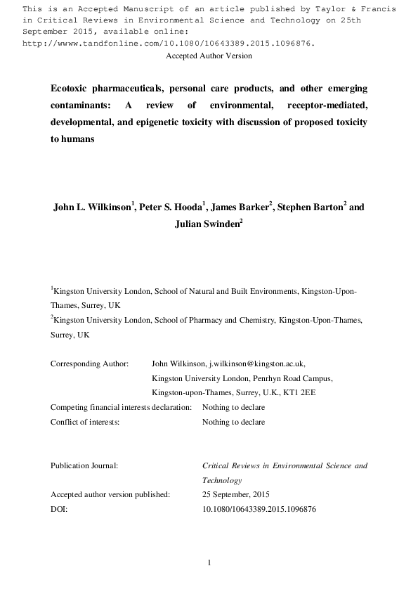 (PDF) Ecotoxic pharmaceuticals, personal care products, and other ...