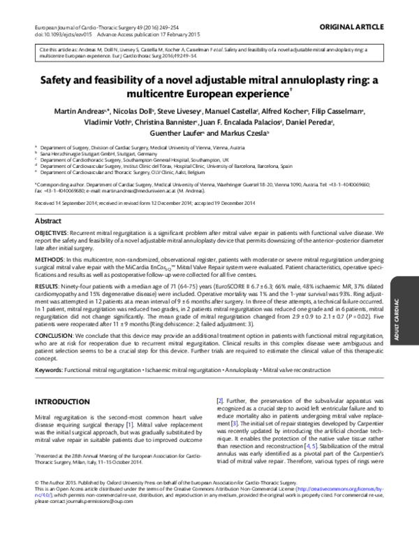 (PDF) Safety and feasibility of a novel adjustable mitral annuloplasty ...