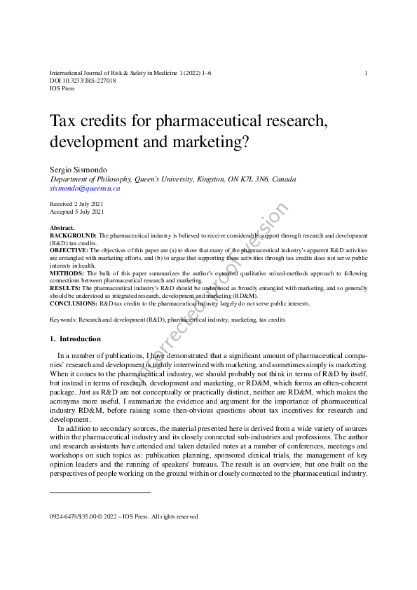 (PDF) Tax credits for pharmaceutical research, development and marketing?