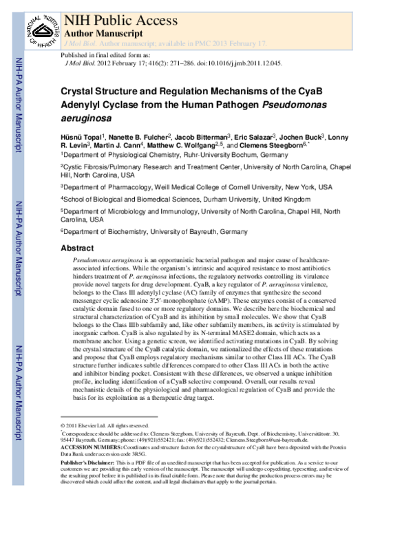 (PDF) Crystal Structure and Regulation Mechanisms of the CyaB Adenylyl ...