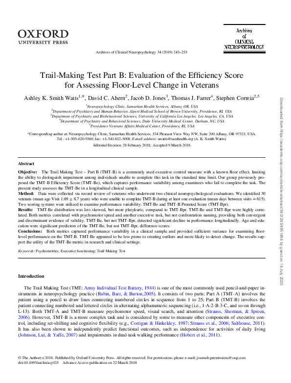 (PDF) Trail-Making Test Part B: Evaluation of the Efficiency Score for ...