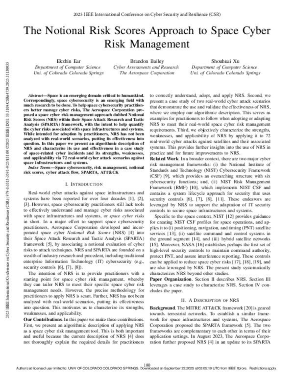 (PDF) The Notional Risk Scores Approach to Space Cyber Risk Management