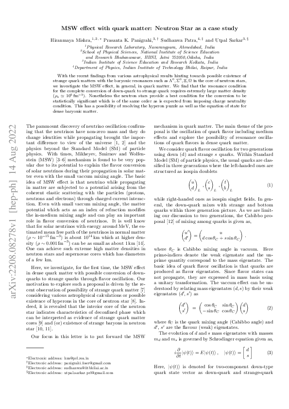 (PDF) MSW effect with quark matter: Neutron Star as a case study