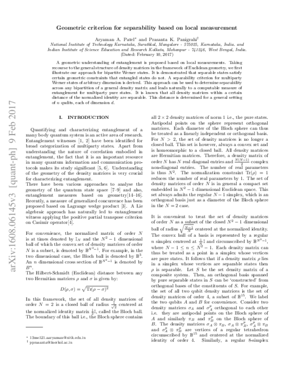 (PDF) Geometric criterion for separability based on local measurement