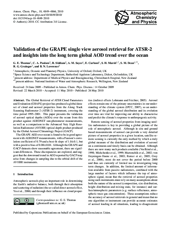 (PDF) Validation of the GRAPE single view aerosol retrieval for ATSR-2 ...
