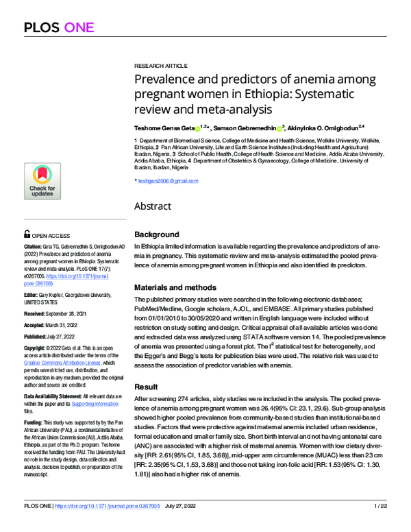 (PDF) Prevalence and predictors of anemia among pregnant women in ...