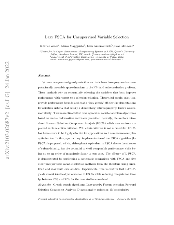 (PDF) Lazy FSCA for unsupervised variable selection