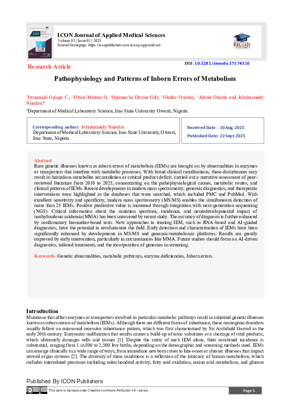 (PDF) Pathophysiology and Patterns of Inborn Errors of Metabolism