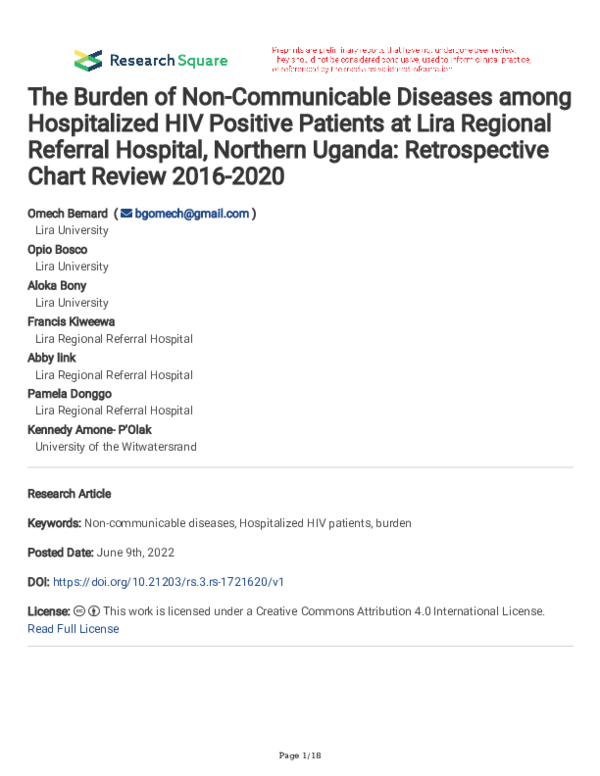 (PDF) The Burden of Non-Communicable Diseases among Hospitalized HIV ...