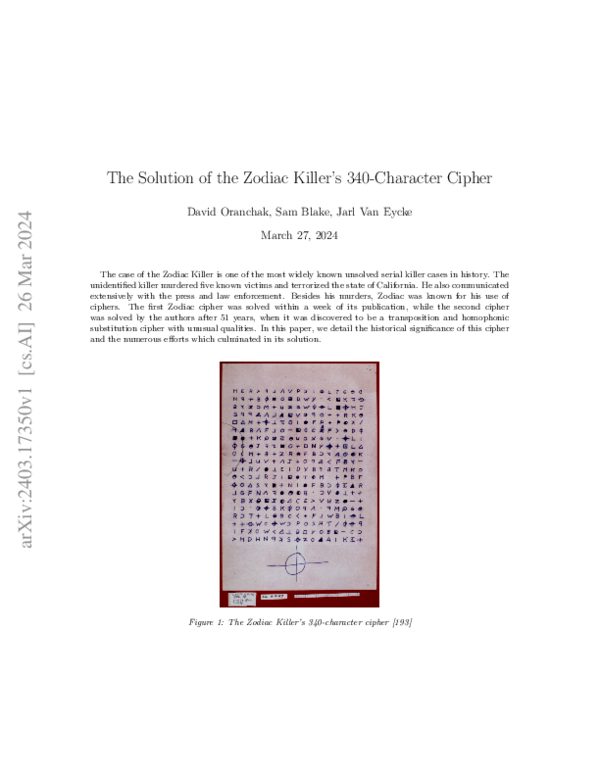 (PDF) The Solution of the Zodiac Killer's 340-Character Cipher
