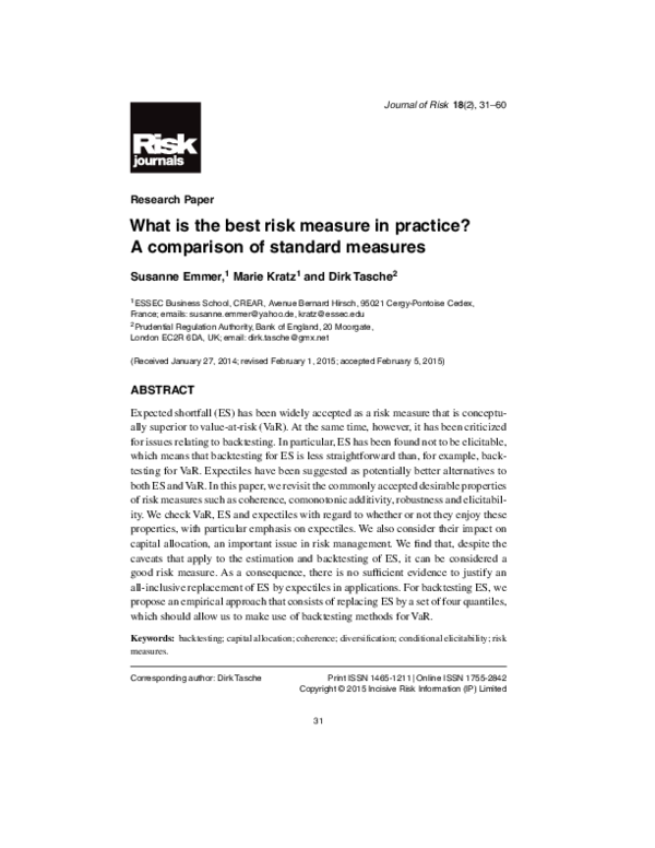 (PDF) What is the Best Risk Measure in Practice? A Comparison of ...