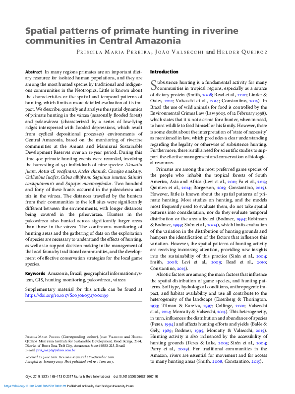 (PDF) Spatial patterns of primate hunting in riverine communities in ...
