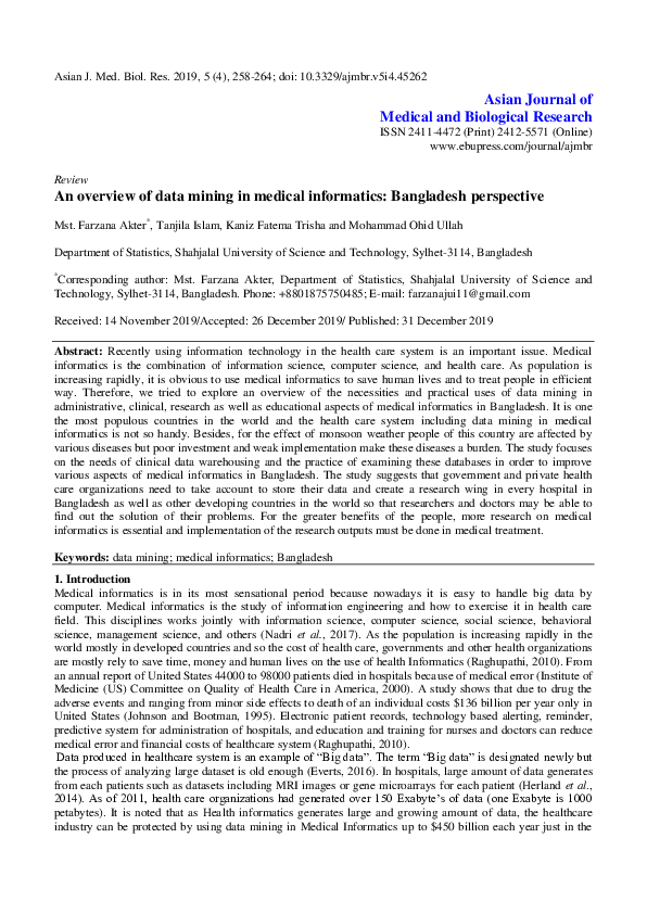 (PDF) An overview of data mining in medical informatics: Bangladesh ...