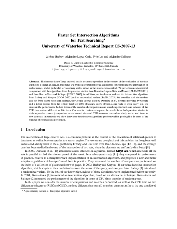 (PDF) Faster Set Intersection Algorithms for Text Searching