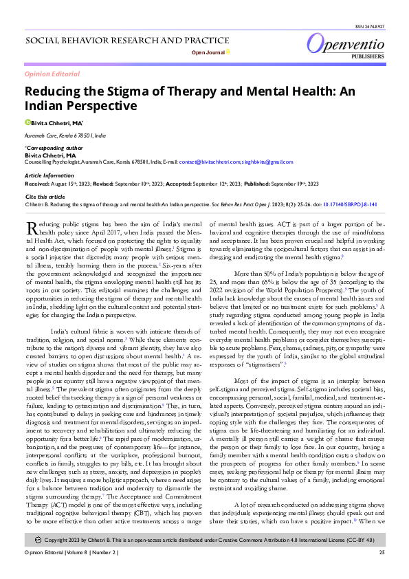 (PDF) Reducing the Stigma of Therapy and Mental Health: An Indian ...