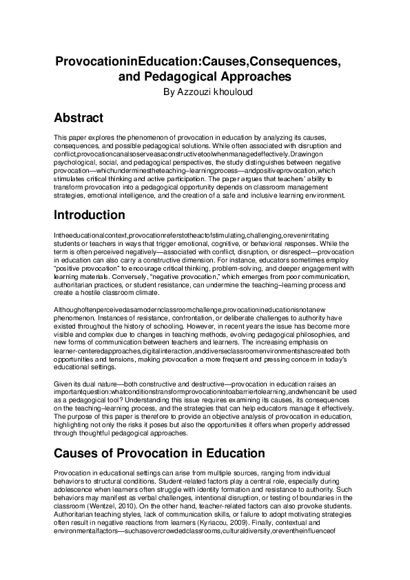 (PDF) ProvocationinEducation:Causes,Consequences, and Pedagogical ...