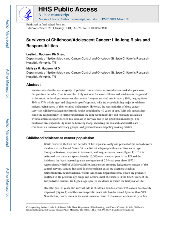 (PDF) Survivors of childhood and adolescent cancer: life-long risks and ...