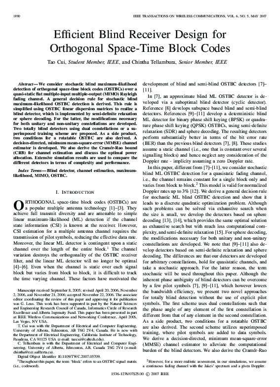(PDF) Efficient Blind Receiver Design for Orthogonal Space-Time Block Codes