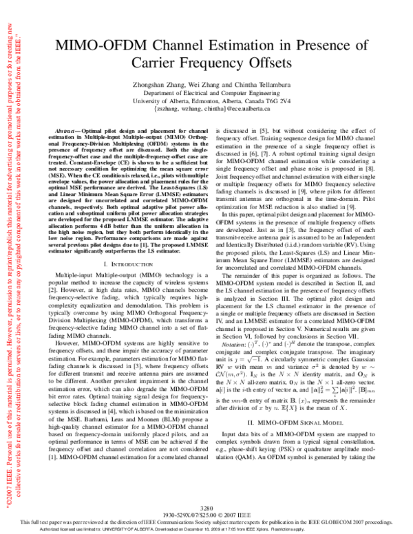 (PDF) MIMO-OFDM Channel Estimation in Presence of Carrier Frequency Offsets