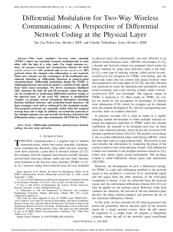 (PDF) Differential modulation for two-way wireless communications: a ...