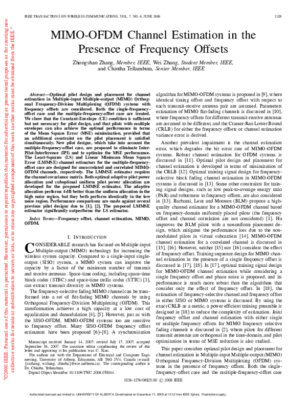 (PDF) MIMO-OFDM Channel Estimation in the Presence of Frequency Offsets