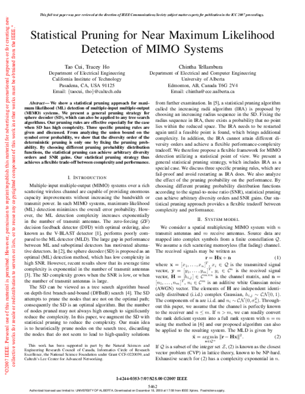 (PDF) Statistical Pruning for Near Maximum Likelihood Detection of MIMO ...