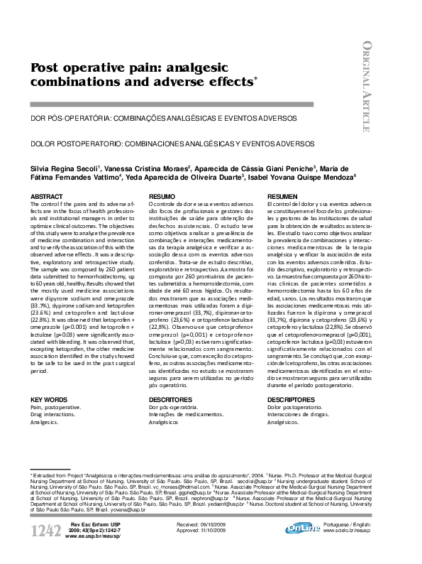 (PDF) Post operative pain: analgesic combinations and adverse effects