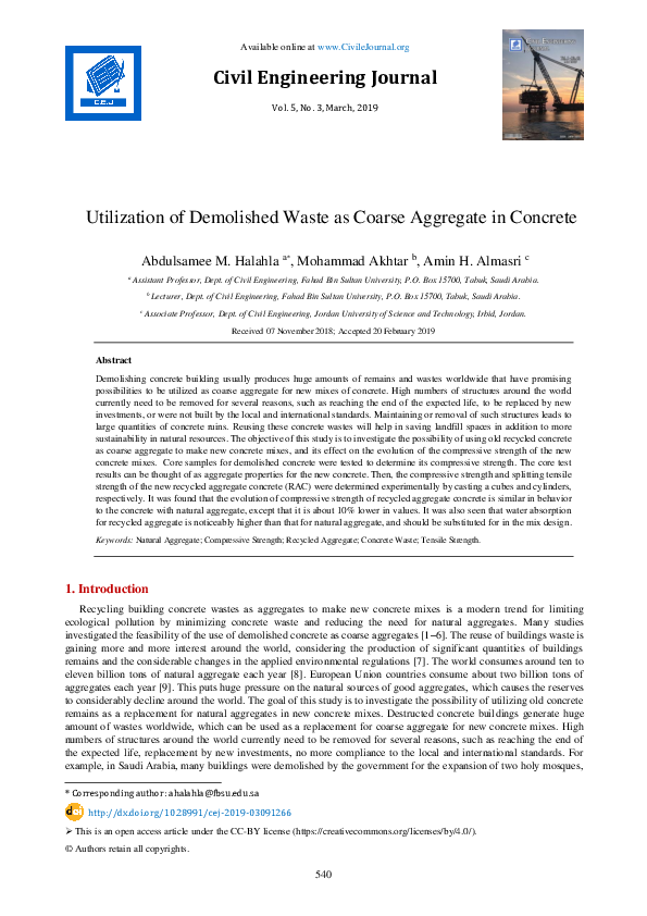 (PDF) Utilization of Demolished Waste as Coarse Aggregate in Concrete