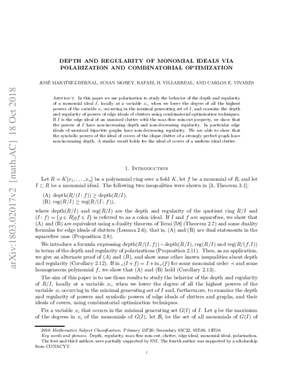 (PDF) Depth and regularity of monomial ideals via polarization and ...
