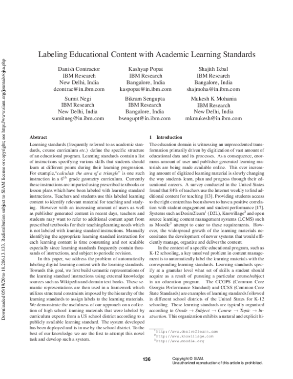 (PDF) Labeling Educational Content with Academic Learning Standards