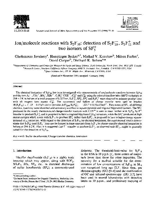 (PDF) Ion/molecule reactions with S2F10: detection of S2F·+10, S2F+11 ...