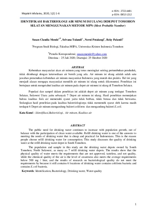 (PDF) IDENTIFIKASI BAKTERIOLOGI AIR MINUM ISI ULANG DIDEPOT TOMOHON ...