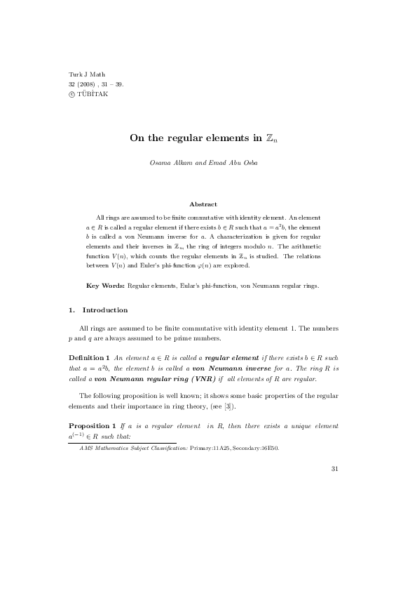 (PDF) On the regular elements in Zn