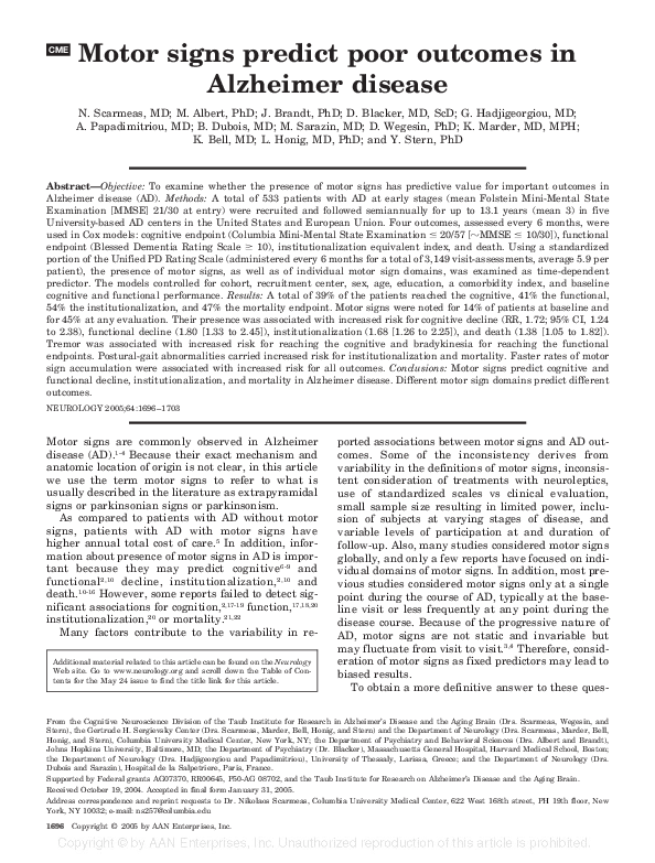 (PDF) Motor signs predict poor outcomes in Alzheimer disease