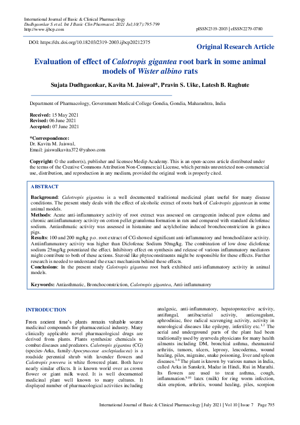 (PDF) Evaluation of effect of Calotropis gigantea root bark in some ...