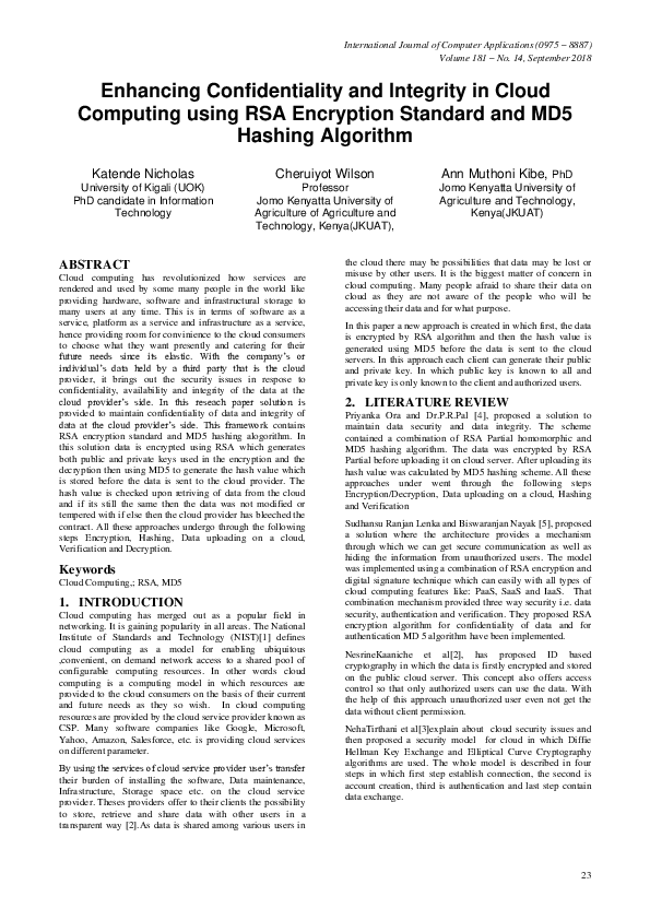 (PDF) Enhancing Confidentiality and Integrity in Cloud Computing using ...