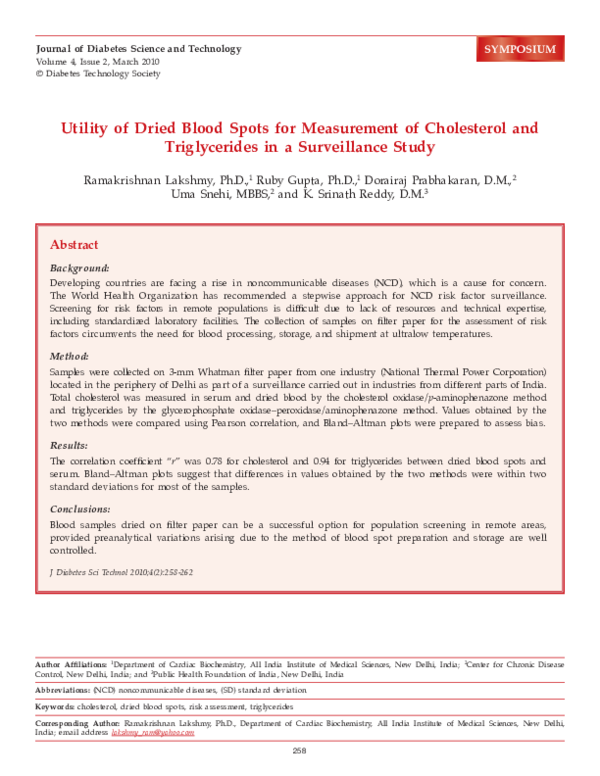 (PDF) Utility of Dried Blood Spots for Measurement of Cholesterol and ...