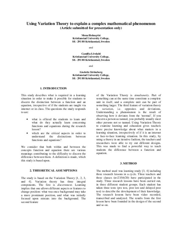 (PDF) Using Variation Theory to explain a complex mathematical phenomenon